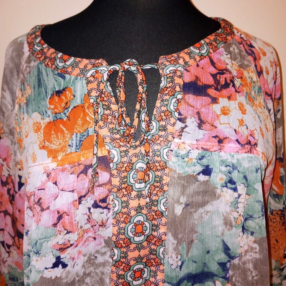 Figueroa & Flower Boho Cottagecore Sheer XL Floral Lace Back Peasant Blouse top - Picture 2 of 7